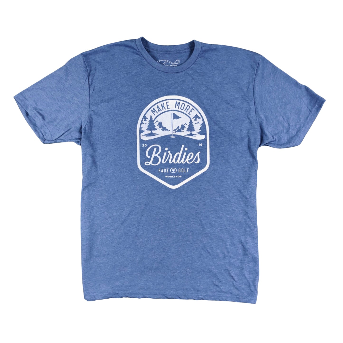 MAKE MORE BIRDIES BADGE TEE-HEATHER ROYAL - Fade Golf N' Stuff Workshop