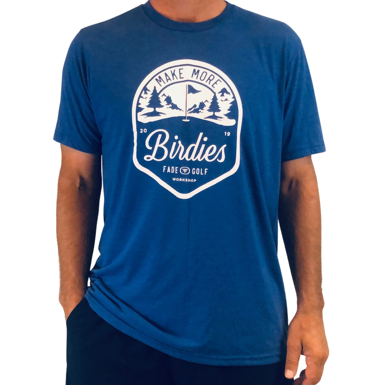 MAKE MORE BIRDIES BADGE TEE-HEATHER ROYAL